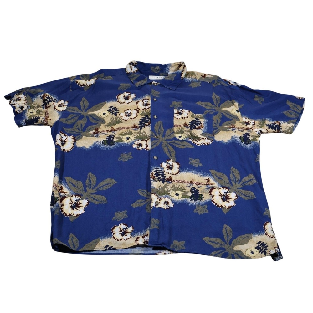 Feldini‎ Shirt Mens 2XL Blue Floral Hawaiian Rayon Short Sleeve Button Up Aloha